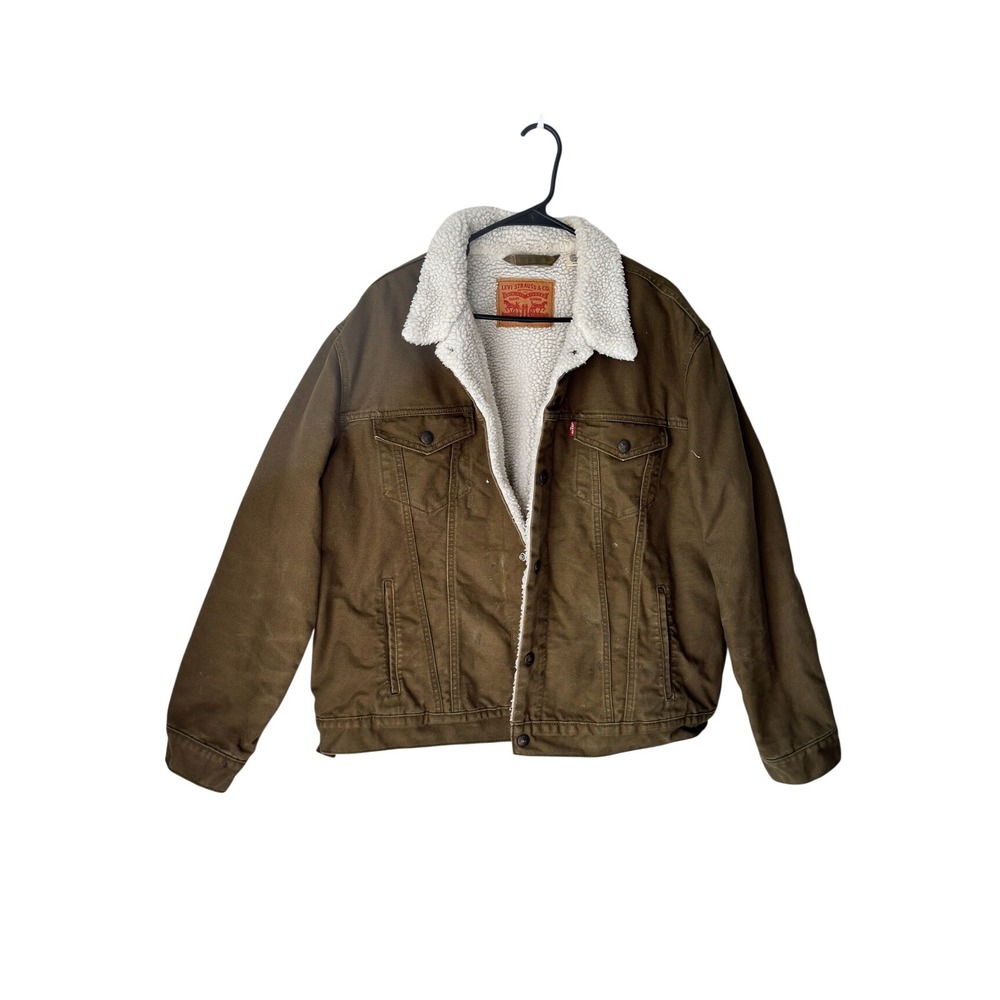 Levis Mens XL Sherpa Lined Trucker Jacket Olive Brown Cotton Canvas WaterLess